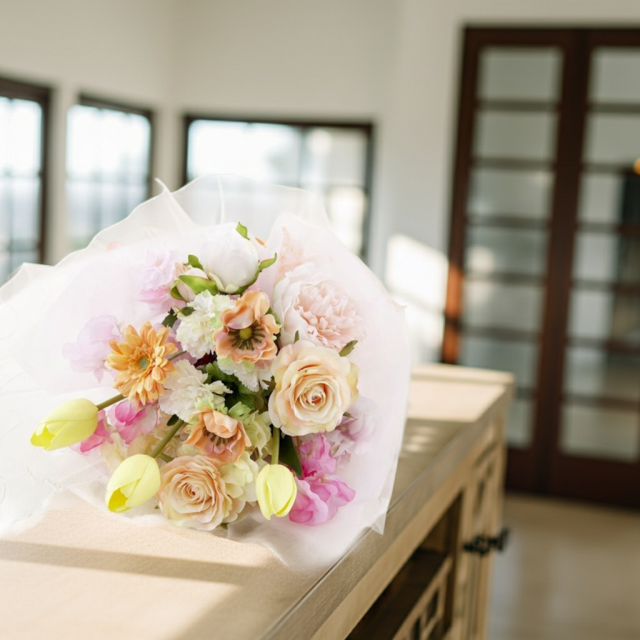 【贈答・贈呈用花束・造花花束・花束ギフト】スイートピーとチューリップのアーティフィシャルフラワーブーケ/アプリコットミックス