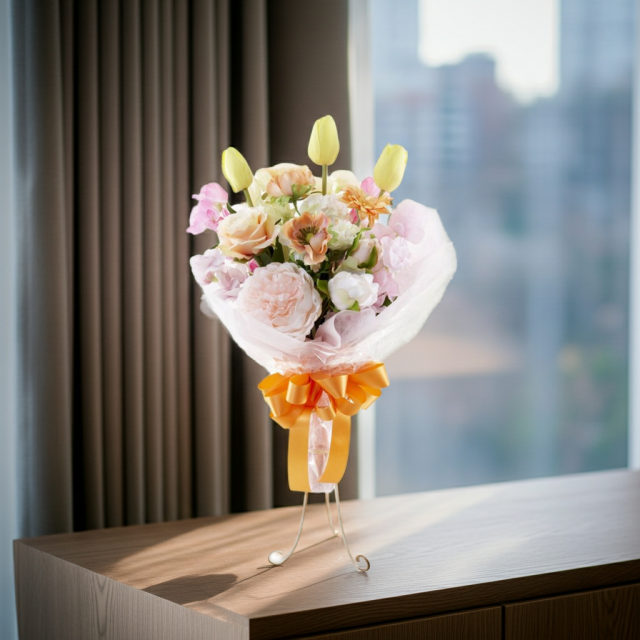 【贈答・贈呈用花束・造花花束・花束ギフト】スイートピーとチューリップのアーティフィシャルフラワーブーケ/アプリコットミックス