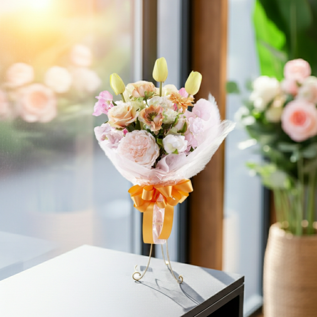 【贈答・贈呈用花束・造花花束・花束ギフト】スイートピーとチューリップのアーティフィシャルフラワーブーケ/アプリコットミックス