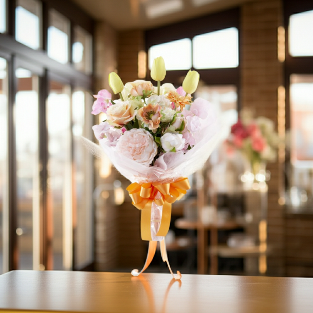 【贈答・贈呈用花束・造花花束・花束ギフト】スイートピーとチューリップのアーティフィシャルフラワーブーケ/アプリコットミックス