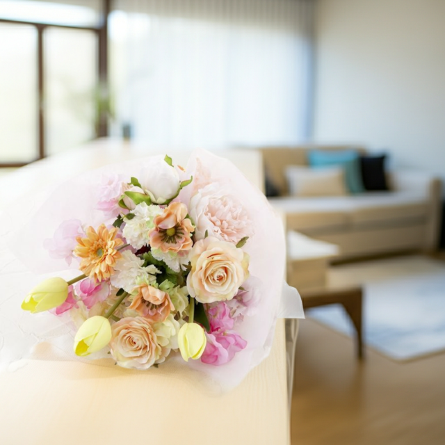 【贈答・贈呈用花束・造花花束・花束ギフト】スイートピーとチューリップのアーティフィシャルフラワーブーケ/アプリコットミックス