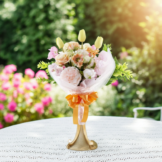 【贈答・贈呈用花束・造花花束・花束ギフト】スイートピーとチューリップのアーティフィシャルフラワーブーケ/アプリコットミックス