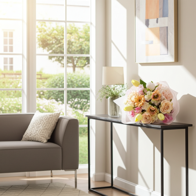 【贈答・贈呈用花束・造花花束・花束ギフト】スイートピーとチューリップのアーティフィシャルフラワーブーケ/アプリコットミックス