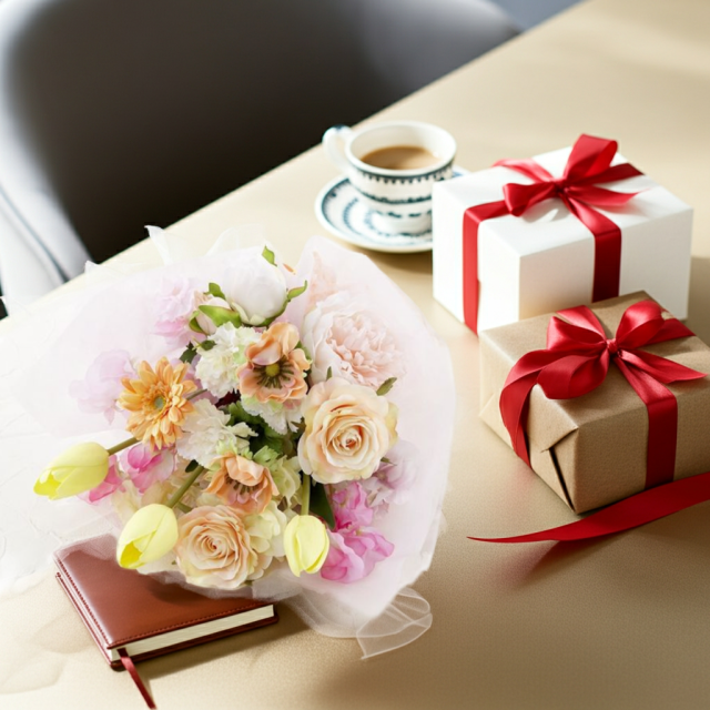 【贈答・贈呈用花束・造花花束・花束ギフト】スイートピーとチューリップのアーティフィシャルフラワーブーケ/アプリコットミックス