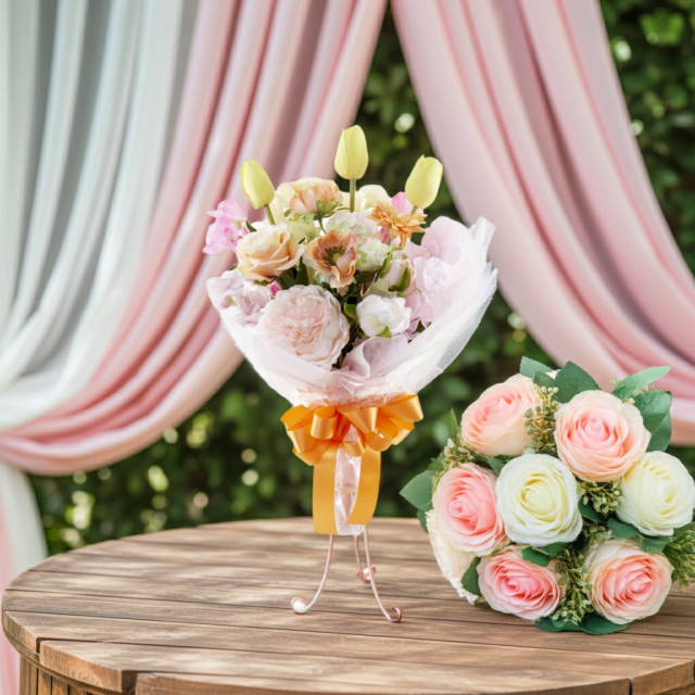 【贈答・贈呈用花束・造花花束・花束ギフト】スイートピーとチューリップのアーティフィシャルフラワーブーケ/アプリコットミックス