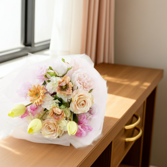 【贈答・贈呈用花束・造花花束・花束ギフト】スイートピーとチューリップのアーティフィシャルフラワーブーケ/アプリコットミックス