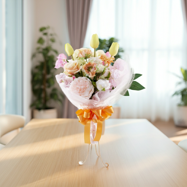 【贈答・贈呈用花束・造花花束・花束ギフト】スイートピーとチューリップのアーティフィシャルフラワーブーケ/アプリコットミックス