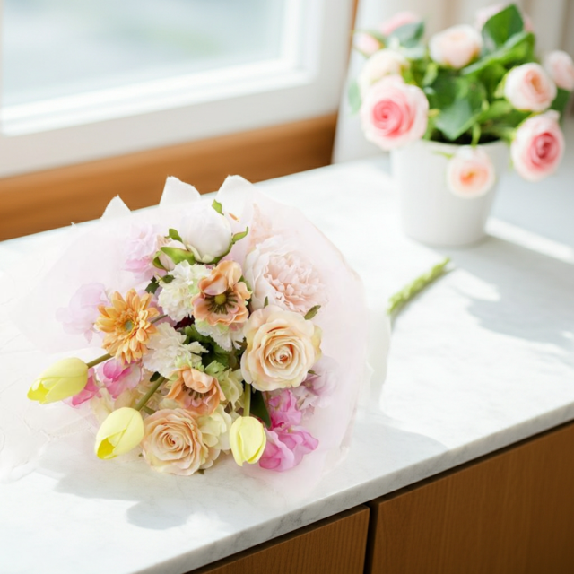 【贈答・贈呈用花束・造花花束・花束ギフト】スイートピーとチューリップのアーティフィシャルフラワーブーケ/アプリコットミックス