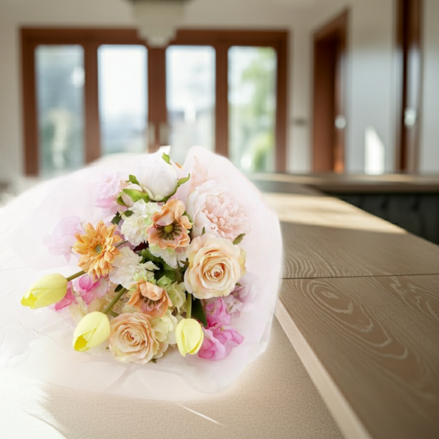 【贈答・贈呈用花束・造花花束・花束ギフト】スイートピーとチューリップのアーティフィシャルフラワーブーケ/アプリコットミックス