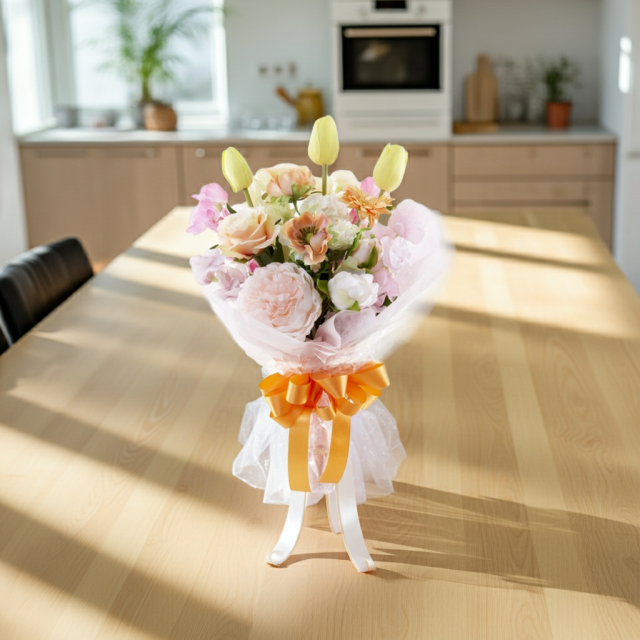 【贈答・贈呈用花束・造花花束・花束ギフト】スイートピーとチューリップのアーティフィシャルフラワーブーケ/アプリコットミックス