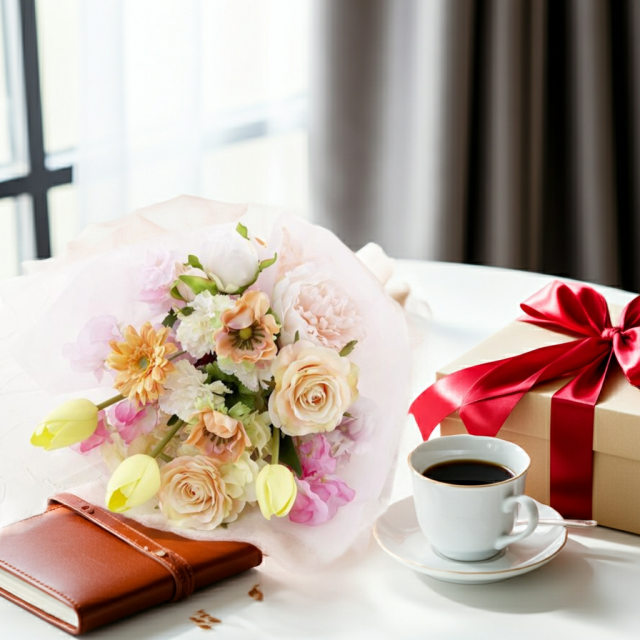 【贈答・贈呈用花束・造花花束・花束ギフト】スイートピーとチューリップのアーティフィシャルフラワーブーケ/アプリコットミックス