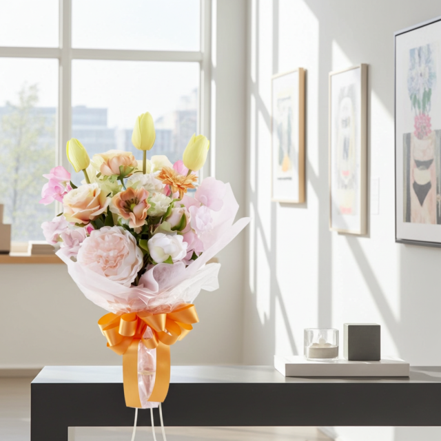 【贈答・贈呈用花束・造花花束・花束ギフト】スイートピーとチューリップのアーティフィシャルフラワーブーケ/アプリコットミックス