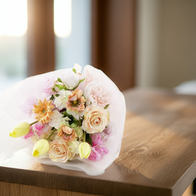 【贈答・贈呈用花束・造花花束・花束ギフト】スイートピーとチューリップのアーティフィシャルフラワーブーケ/アプリコットミックス