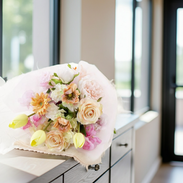 【贈答・贈呈用花束・造花花束・花束ギフト】スイートピーとチューリップのアーティフィシャルフラワーブーケ/アプリコットミックス