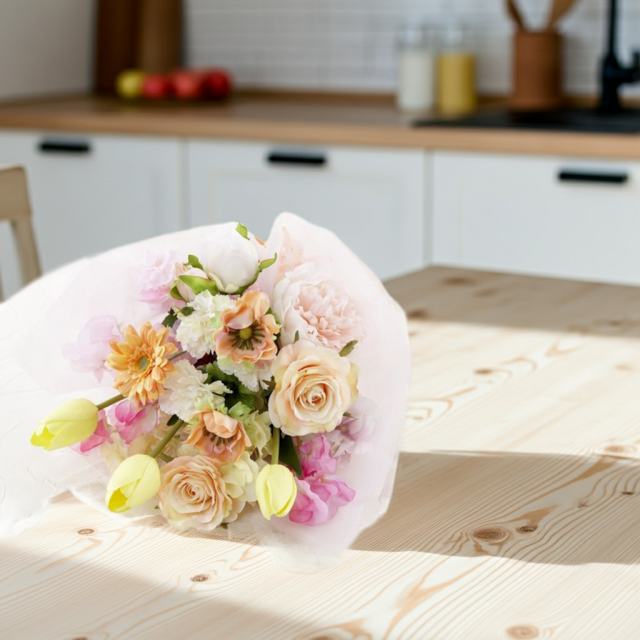 【贈答・贈呈用花束・造花花束・花束ギフト】スイートピーとチューリップのアーティフィシャルフラワーブーケ/アプリコットミックス