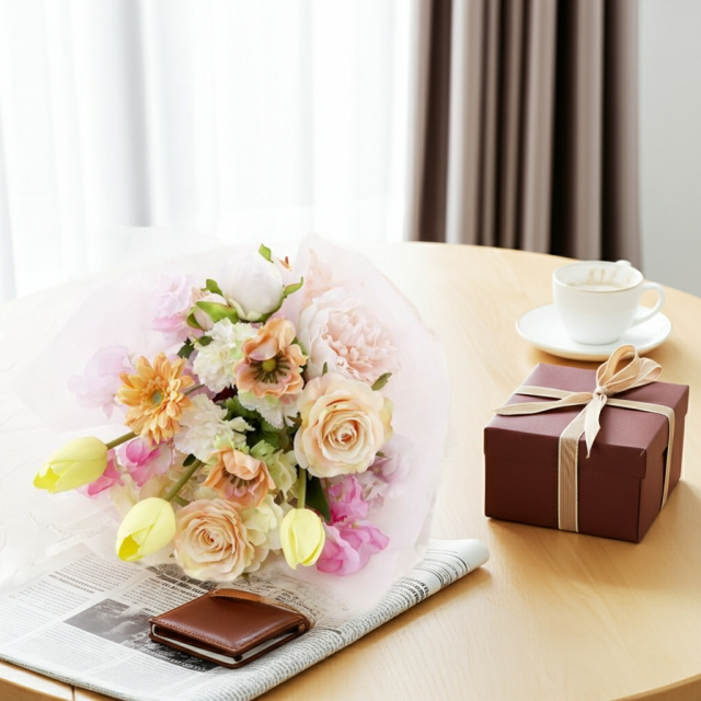 【贈答・贈呈用花束・造花花束・花束ギフト】スイートピーとチューリップのアーティフィシャルフラワーブーケ/アプリコットミックス