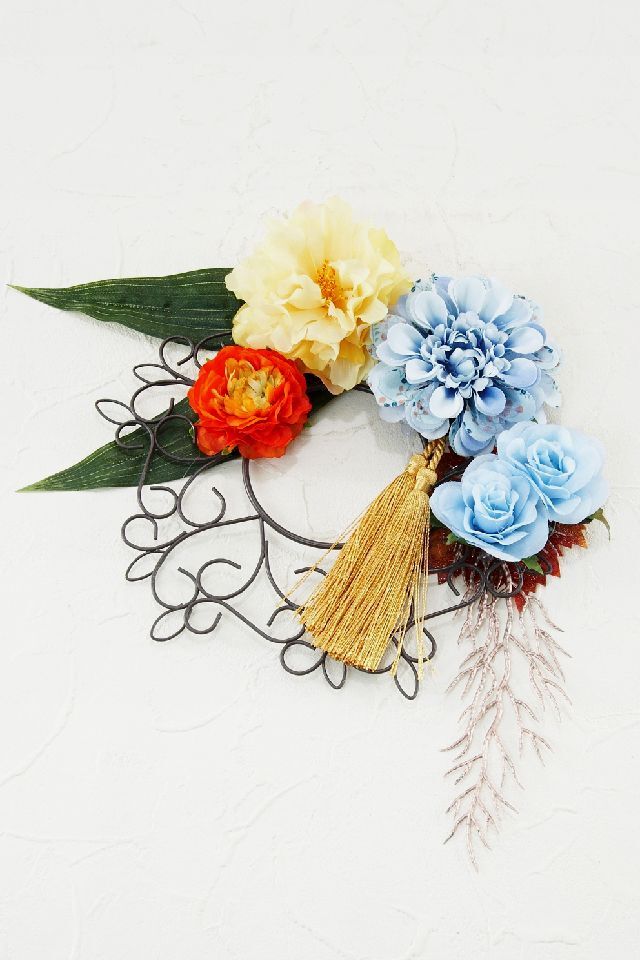 【壁掛け 造花和風ハンギングリースアレンジ】寿々花−suzuka