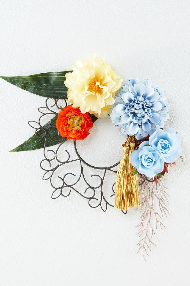 【壁掛け 造花和風ハンギングリースアレンジ】寿々花-suzuka