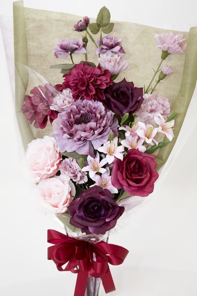 【贈答・贈呈用花束・造花花束・花束ギフト】ピオニーとバラとダリアのアーティフィシャルフラワーブーケ/ミスティローズ