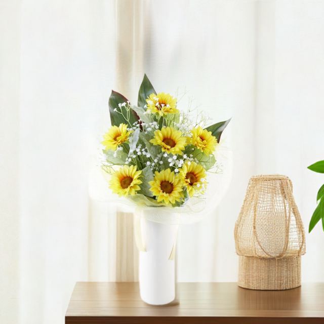 【アーティフィシャルフラワー　インテリアブーケアレンジ　】ひまわり&かすみ草の花束風アレンジメント