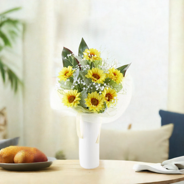 【アーティフィシャルフラワー　インテリアブーケアレンジ　】ひまわり&かすみ草の花束風アレンジメント