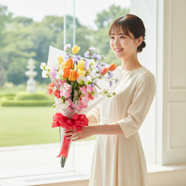高級アーティフィシャルフラワー花束｜チューリップ＆スイートピーのミックスカラーブーケ（プロポーズ・お誕生日・卒業・退職）