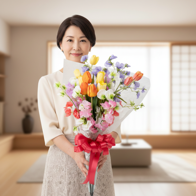 高級アーティフィシャルフラワー花束｜チューリップ＆スイートピーのミックスカラーブーケ（プロポーズ・お誕生日・卒業・退職）