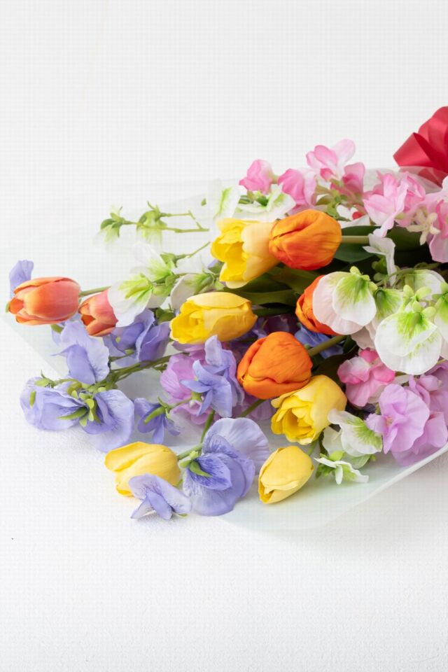 高級アーティフィシャルフラワー花束｜チューリップ＆スイートピーのミックスカラーブーケ（プロポーズ・お誕生日・卒業・退職）