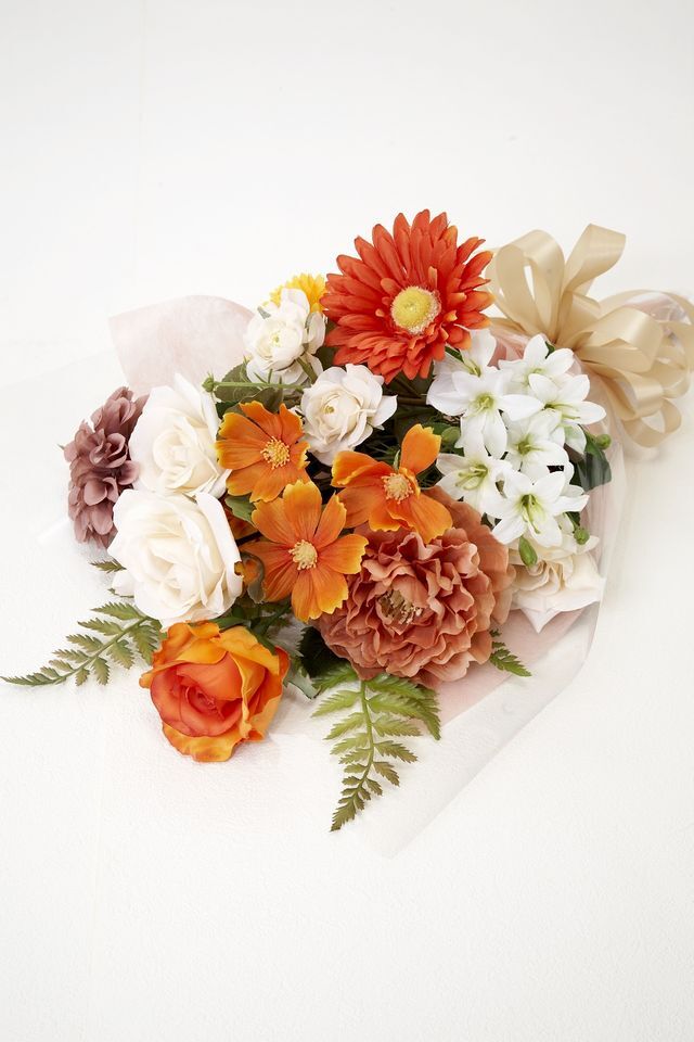 【贈答・贈呈用花束・造花花束・花束ギフト】バラとダリアとガーベラのアーティフィシャルフラワーブーケ/マジョリカ・オレンジ