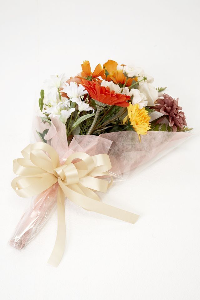 【贈答・贈呈用花束・造花花束・花束ギフト】バラとダリアとガーベラのアーティフィシャルフラワーブーケ/マジョリカ・オレンジ