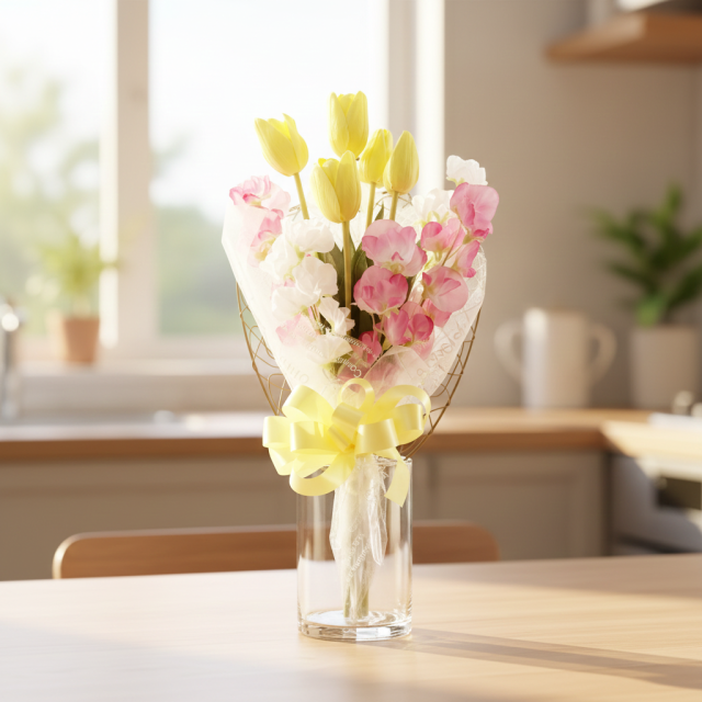 【贈答・贈呈用・ギフトの造花花束】スイートピーとチューリップの花束（イエロー）