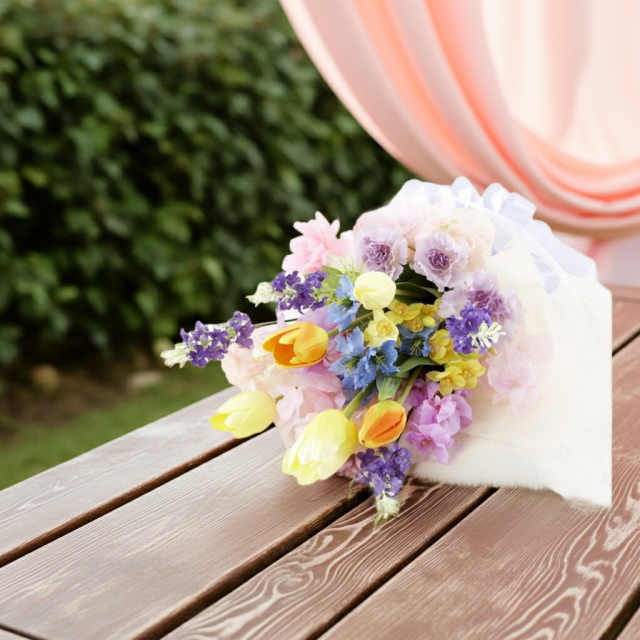 【贈答・贈呈用花束・造花花束・花束ギフト】スイートピーとチューリップのアーティフィシャルフラワーブーケ/ラベンダーミックス