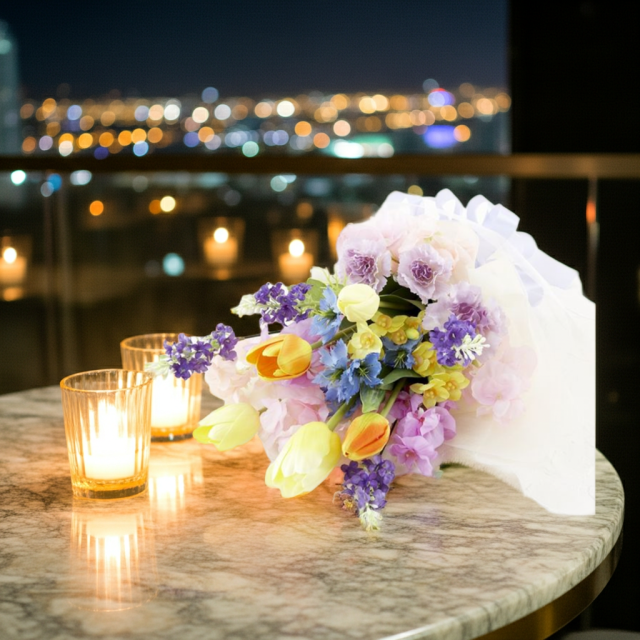 【贈答・贈呈用花束・造花花束・花束ギフト】スイートピーとチューリップのアーティフィシャルフラワーブーケ/ラベンダーミックス