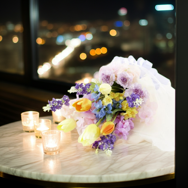 【贈答・贈呈用花束・造花花束・花束ギフト】スイートピーとチューリップのアーティフィシャルフラワーブーケ/ラベンダーミックス