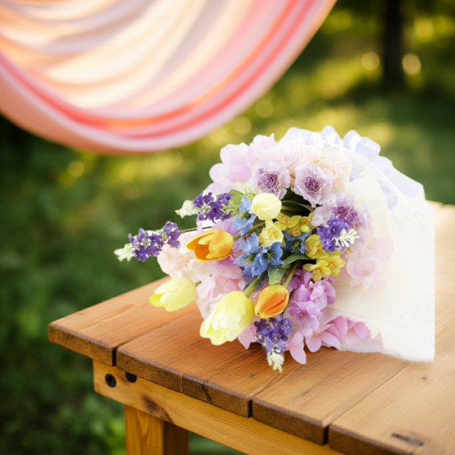 【贈答・贈呈用花束・造花花束・花束ギフト】スイートピーとチューリップのアーティフィシャルフラワーブーケ/ラベンダーミックス