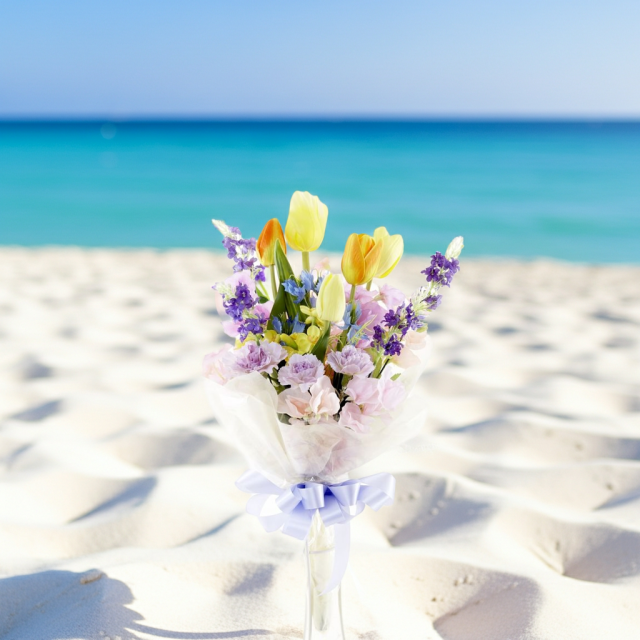 【贈答・贈呈用花束・造花花束・花束ギフト】スイートピーとチューリップのアーティフィシャルフラワーブーケ/ラベンダーミックス