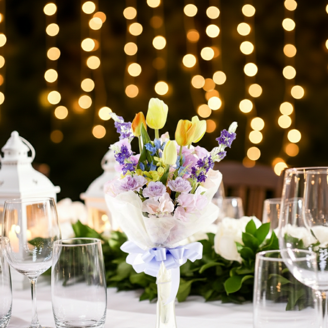 【贈答・贈呈用花束・造花花束・花束ギフト】スイートピーとチューリップのアーティフィシャルフラワーブーケ/ラベンダーミックス