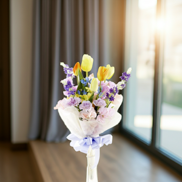 【贈答・贈呈用花束・造花花束・花束ギフト】スイートピーとチューリップのアーティフィシャルフラワーブーケ/ラベンダーミックス