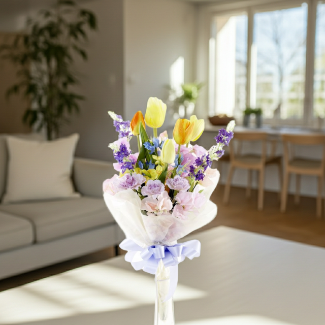 【贈答・贈呈用花束・造花花束・花束ギフト】スイートピーとチューリップのアーティフィシャルフラワーブーケ/ラベンダーミックス