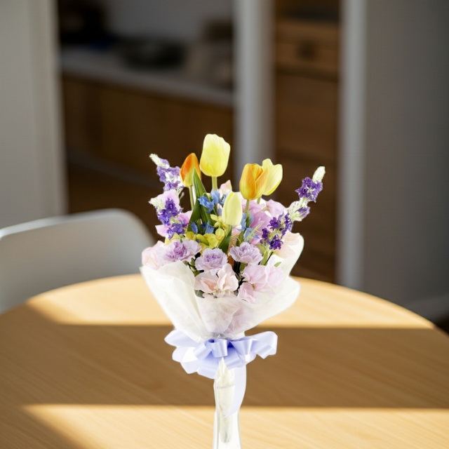 【贈答・贈呈用花束・造花花束・花束ギフト】スイートピーとチューリップのアーティフィシャルフラワーブーケ/ラベンダーミックス