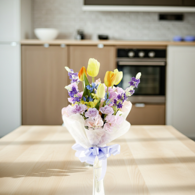 【贈答・贈呈用花束・造花花束・花束ギフト】スイートピーとチューリップのアーティフィシャルフラワーブーケ/ラベンダーミックス