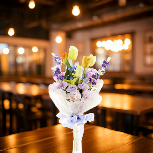 【贈答・贈呈用花束・造花花束・花束ギフト】スイートピーとチューリップのアーティフィシャルフラワーブーケ/ラベンダーミックス