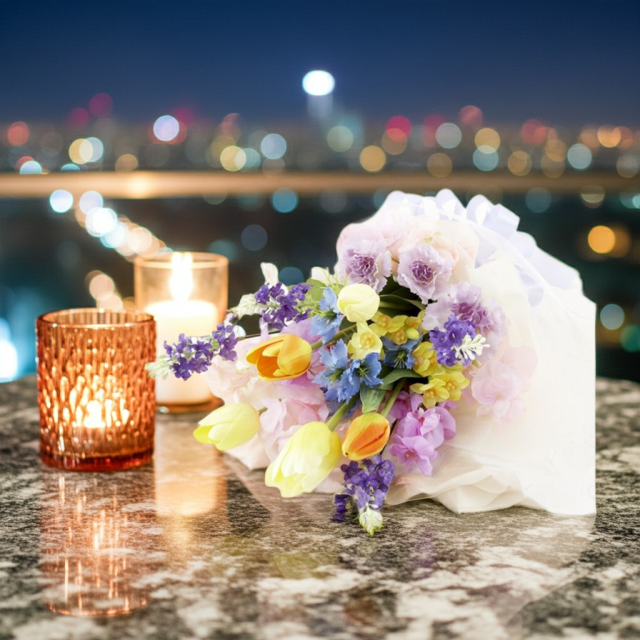 【贈答・贈呈用花束・造花花束・花束ギフト】スイートピーとチューリップのアーティフィシャルフラワーブーケ/ラベンダーミックス