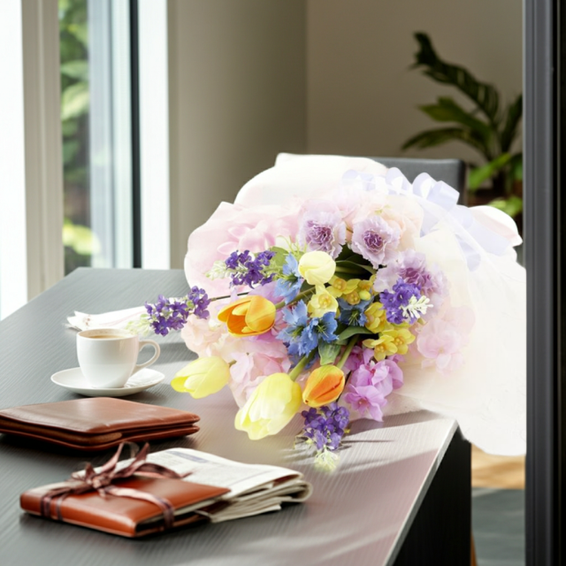 【贈答・贈呈用花束・造花花束・花束ギフト】スイートピーとチューリップのアーティフィシャルフラワーブーケ/ラベンダーミックス