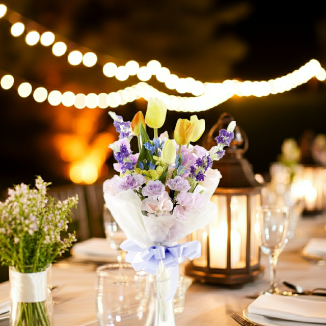 【贈答・贈呈用花束・造花花束・花束ギフト】スイートピーとチューリップのアーティフィシャルフラワーブーケ/ラベンダーミックス