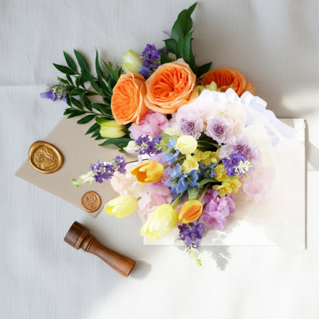 【贈答・贈呈用花束・造花花束・花束ギフト】スイートピーとチューリップのアーティフィシャルフラワーブーケ/ラベンダーミックス