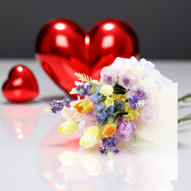 【贈答・贈呈用花束・造花花束・花束ギフト】スイートピーとチューリップのアーティフィシャルフラワーブーケ/ラベンダーミックス