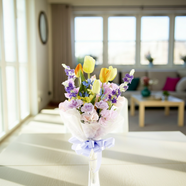 【贈答・贈呈用花束・造花花束・花束ギフト】スイートピーとチューリップのアーティフィシャルフラワーブーケ/ラベンダーミックス