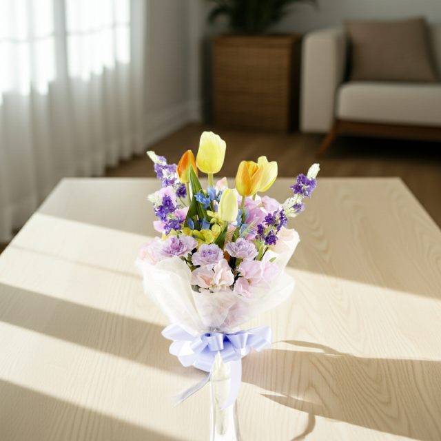 【贈答・贈呈用花束・造花花束・花束ギフト】スイートピーとチューリップのアーティフィシャルフラワーブーケ/ラベンダーミックス