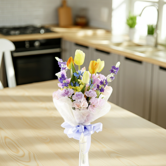 【贈答・贈呈用花束・造花花束・花束ギフト】スイートピーとチューリップのアーティフィシャルフラワーブーケ/ラベンダーミックス